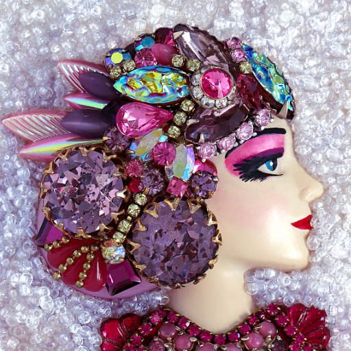 Jeweled Pink Lady made of vintage jewelry pieces, Bohemian glass, beads, rhinestones on hand painted doll face.