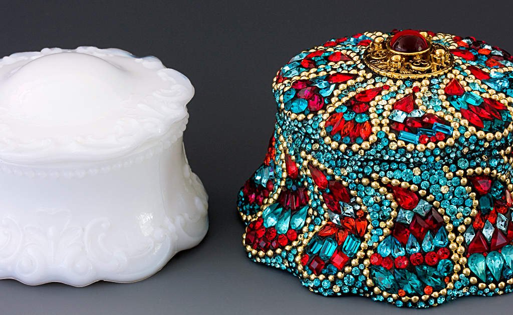 Antique milk glass jar before and after being hand jeweled