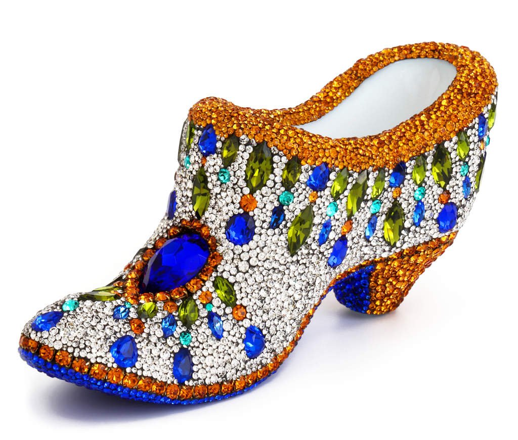 Mosaic shoe Fenton style milk glass hand jeweled with Swarovski and Bohemian glass stones