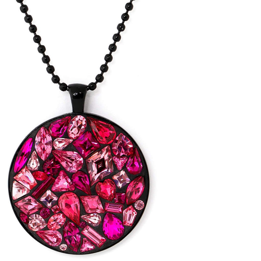 Round black pendant + pink and berry embedded Swarovski rhinestones