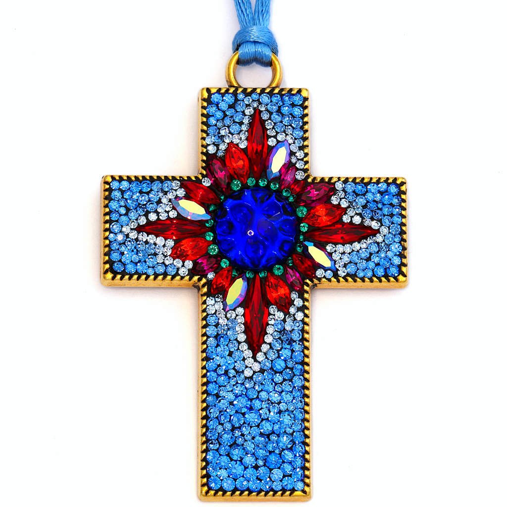 Blazing Sapphire Blue and Ruby Red Swarovski Rhinestone Pave Cross