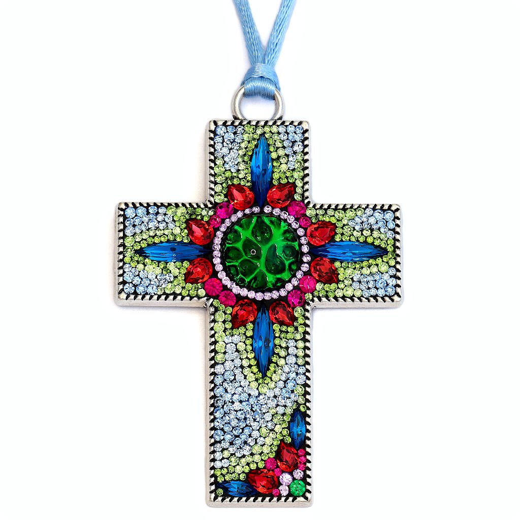 Silver cross with lime green, capri blue, pink rhinestones sunburst.